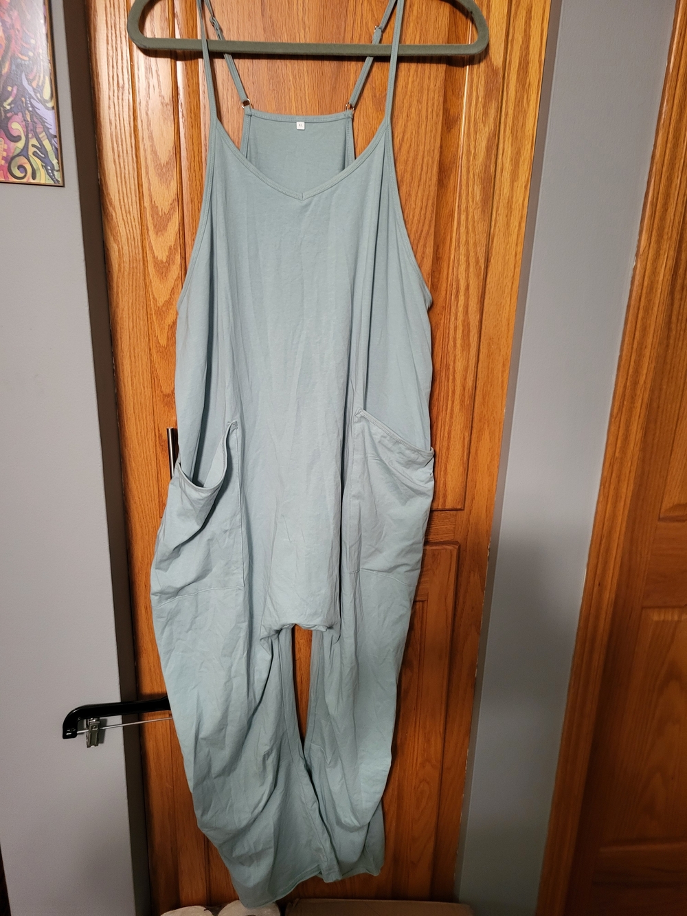 Women's Green Solid Strappy Scoop Neck Pullover Jumpsuit w/ Pockets, Size XL
